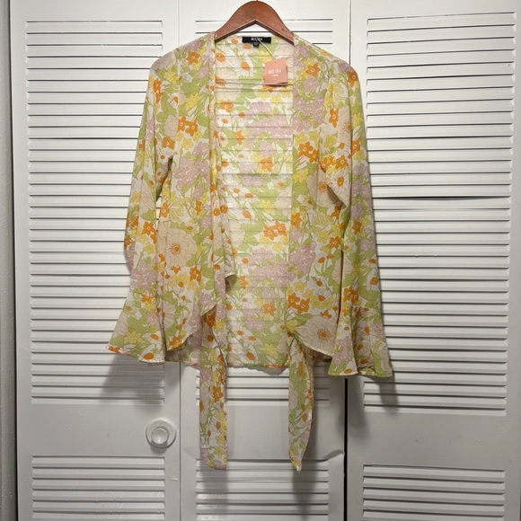 Miss Lola Other - Miss Lola Nadiah Floral Yellow Orange Long Sleeve Cover Up Kimono Top Size M